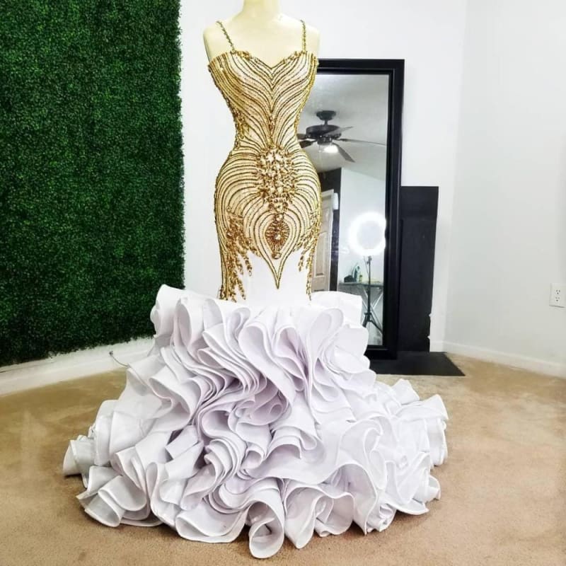 White Mermaid Gold Beading Black Long Prom Dresses - Bridelily White Mermaid Gold Beading Black Long Prom Dresses - Bridelily