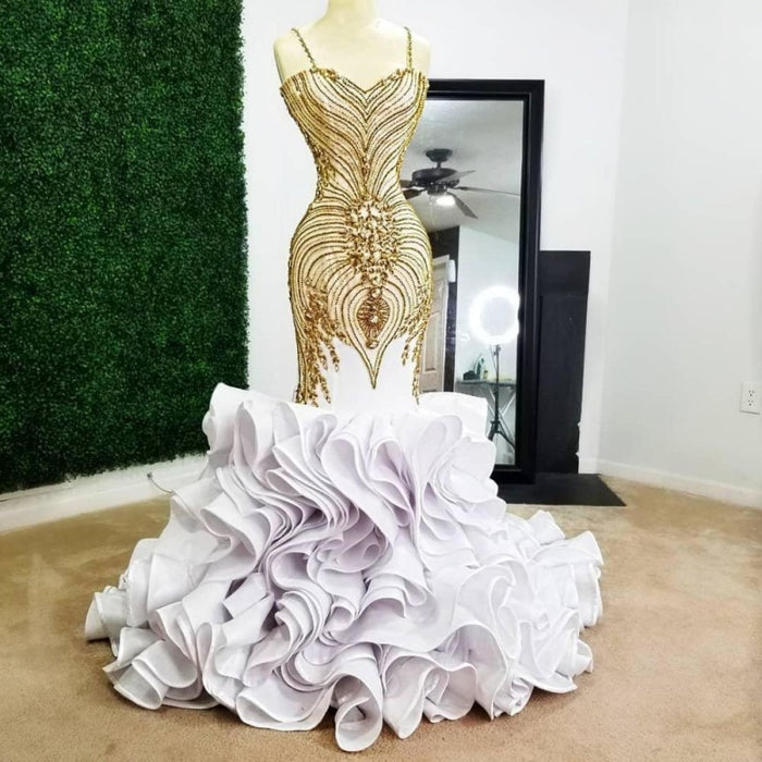 White Mermaid Gold Beading Plus Size Prom Dresses - Prom Dresses
