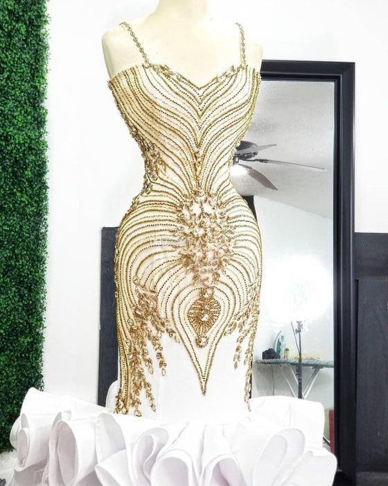 White Mermaid Gold Beading Plus Size Prom Dresses - Prom Dresses