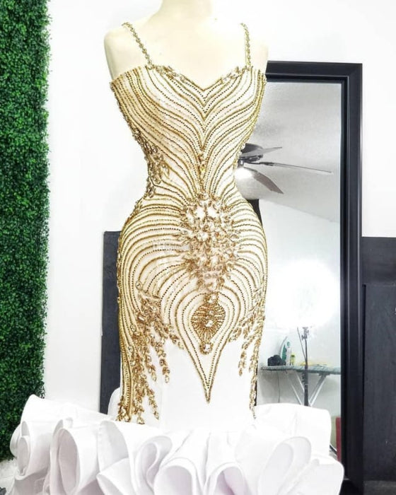 White Mermaid Gold Beading Black Long Prom Dresses