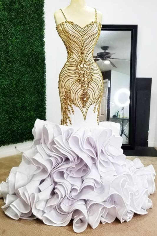White Mermaid Gold Beading Black Long Prom Dresses - Bridelily White Mermaid Gold Beading Black Long Prom Dresses - Bridelily