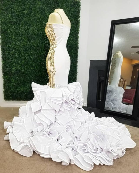 White Mermaid Gold Beading Black Long Prom Dresses - Bridelily White Mermaid Gold Beading Black Long Prom Dresses - Bridelily