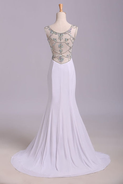 White Mermaid Sleeveless Split Prom Sequins Sweep Train Dress with Rhinestones - Prom Dresses