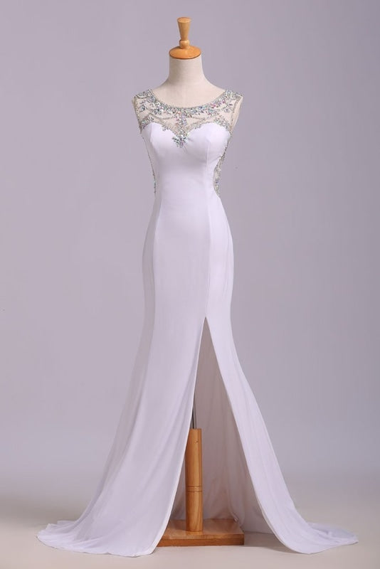 White Mermaid Sleeveless Split Prom Sequins Sweep Train Dress with Rhinestones - Prom Dresses