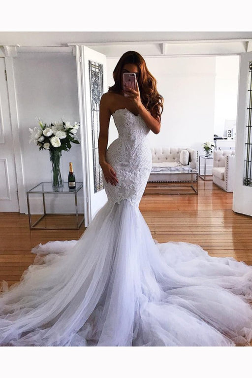 White Mermaid Sweetheart Sweep Train Tulle Lace Appliqued Wedding Dress - Wedding Dresses