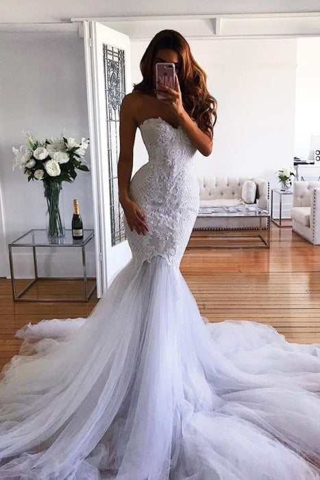 White Mermaid Sweetheart Sweep Train Tulle Lace Appliqued Wedding Dress - Wedding Dresses