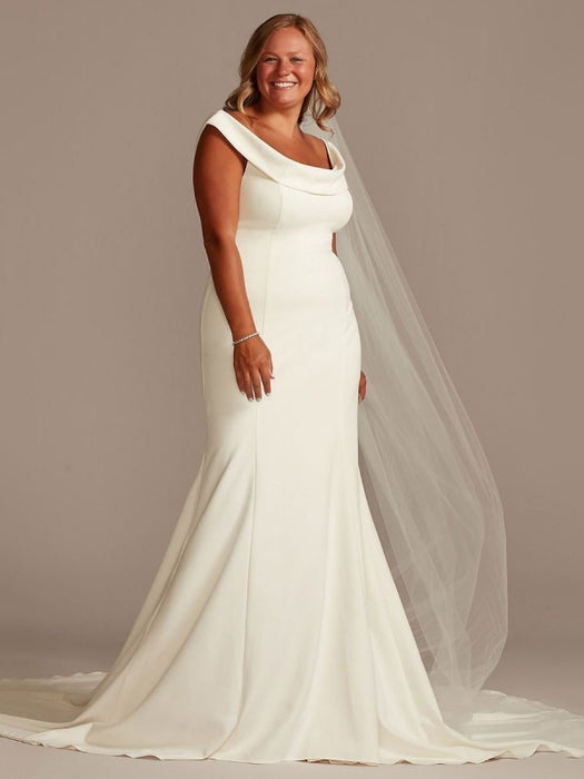 White Mermaid Wedding Dresses With Chapel Train Stretch Crepe Sleeveless Off-Shoulder Buttons Natural Waist Backless Bridal Gowns
