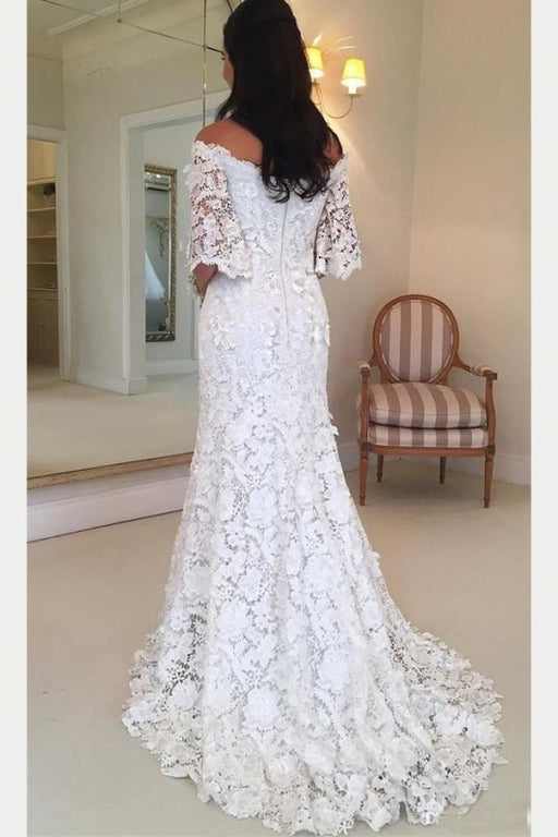 White Off the Shoulder Half Sleeves Sweep Train Lace Wedding Dress - Wedding Dresses