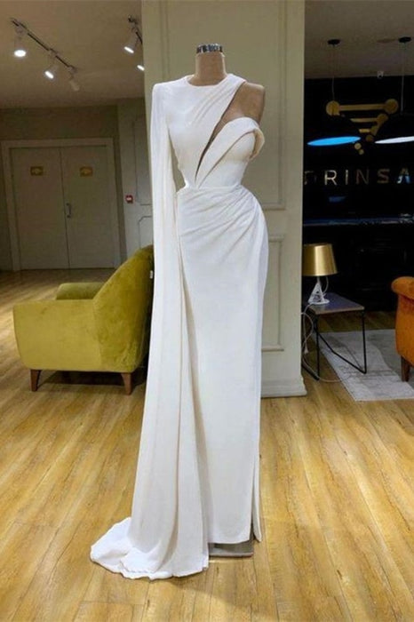 White One Shoulder Satin Mermaid Prom Dress High Neck Evening Maxi Dress - Prom Dresses