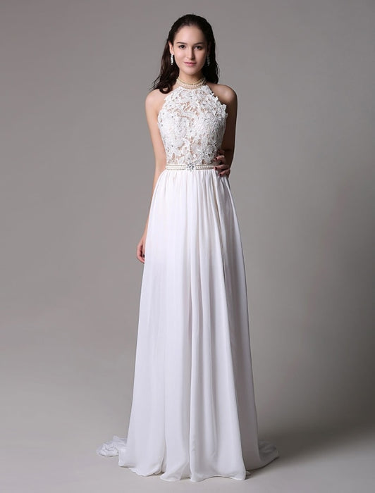White Prom Dresses 2021 Long Ivory Halter Backless Evening Dress Lace Applique Beading Chiffon Split Party Dress