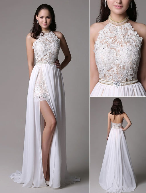 White Prom Dresses 2021 Long Ivory Halter Backless Evening Dress Lace Applique Beading Chiffon Split Party Dress