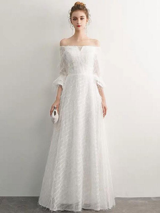 White Prom Dresses Long Off Shoulder Long Sleeve Maxi Formal Evening Gowns