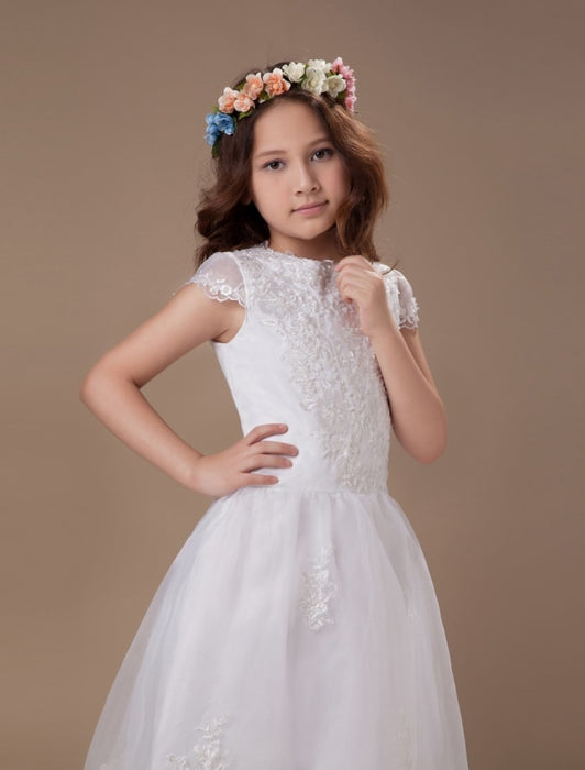 White Satin Organza Flower Girl Dress Short Sleeves Lace Appliques