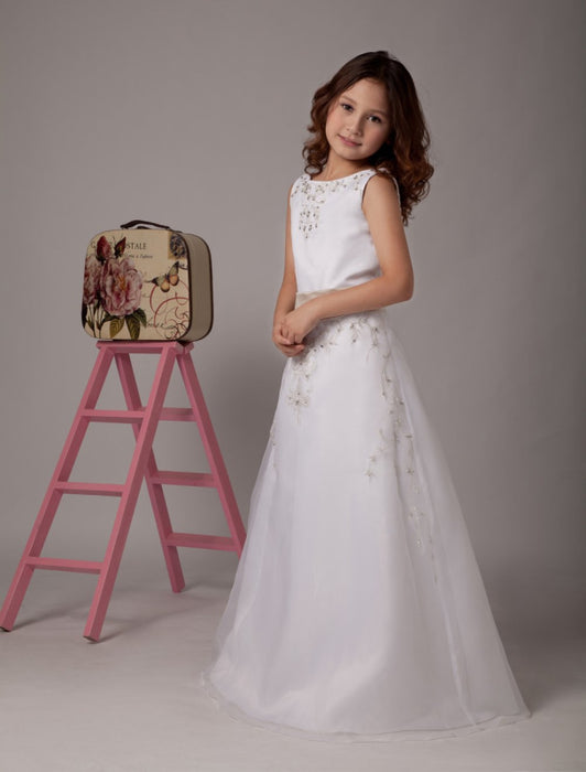White Satin Organza Flower Girl Dresses Sleeveless Sash Lace Beaded Kids Party Dresses - Flower Girl Dress