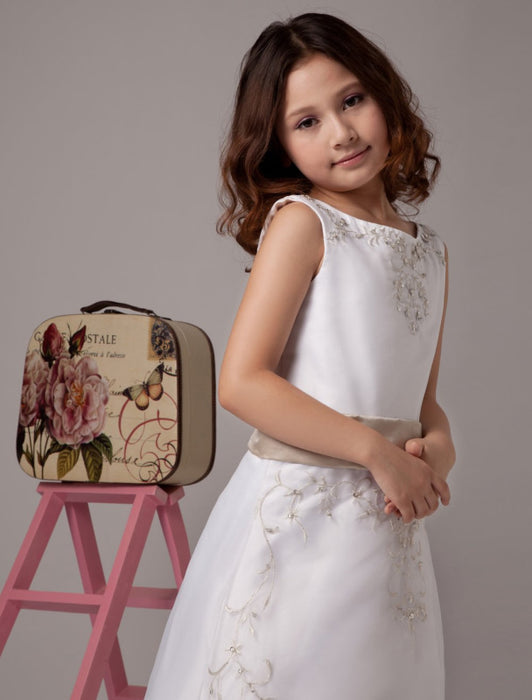 White Satin Organza Flower Girl Dresses Sleeveless Sash Lace Beaded Kids Party Dresses - Flower Girl Dress