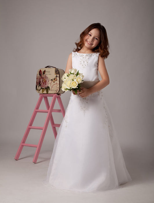 White Satin Organza Flower Girl Dresses Sleeveless Sash Lace Beaded Kids Party Dresses - Photo color / Child 2 - Flower Girl Dress