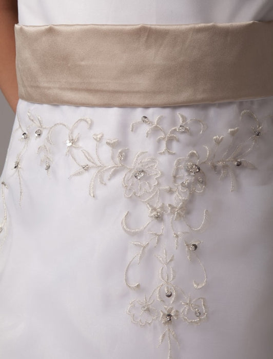 White Satin Organza Flower Girl Dresses Sleeveless Sash Lace Beaded Kids Party Dresses - Flower Girl Dress