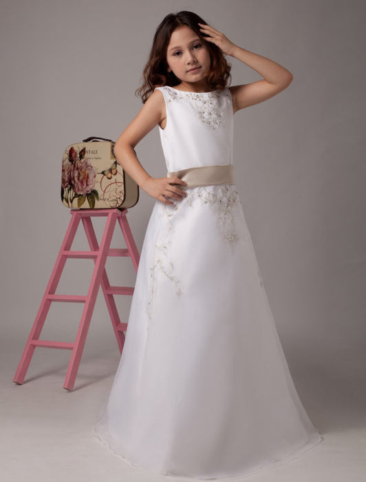 White Satin Organza Flower Girl Dresses Sleeveless Sash Lace Beaded Kids Party Dresses - Flower Girl Dress