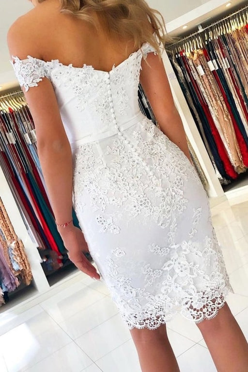 White Sheath Off the Shoulder Cocktail Short Lace Prom Dresses - Prom Dresses