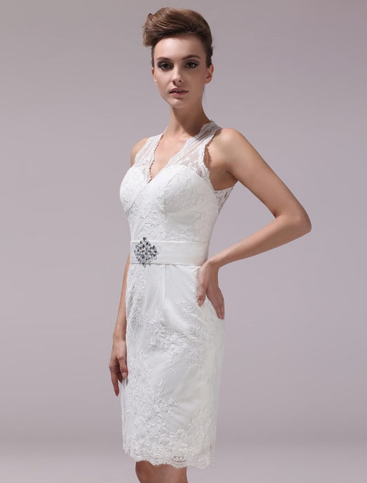 White Sheath Rhinestone Knee-Length Lace Wedding Reception Dress with V-Neck misshow