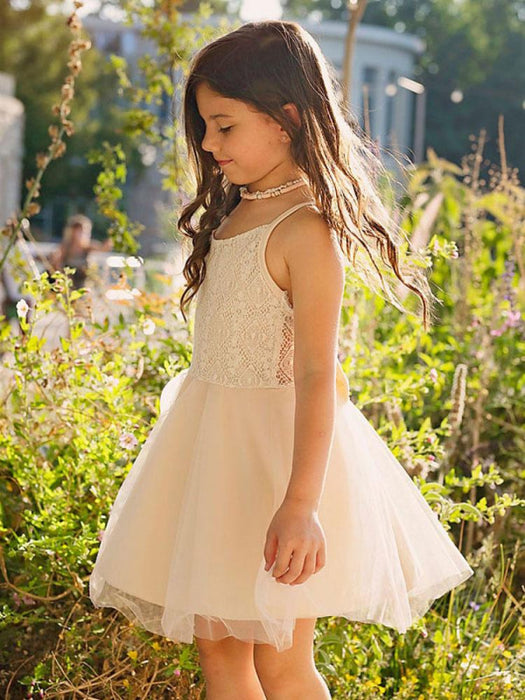 White Short A-Line Flower Girl Dresses Tulle Sleeveless Bows Kids Part Bridelily White Short A-Line Flower Girl Dresses Tulle Sleeveless Bows Kids Part Bridelily