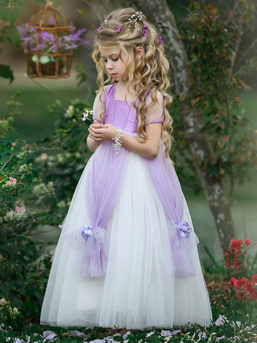 white flower girl dress with purple bow White V-Back Satin Flower Girl Dresses with Colored Sash 219T(4)