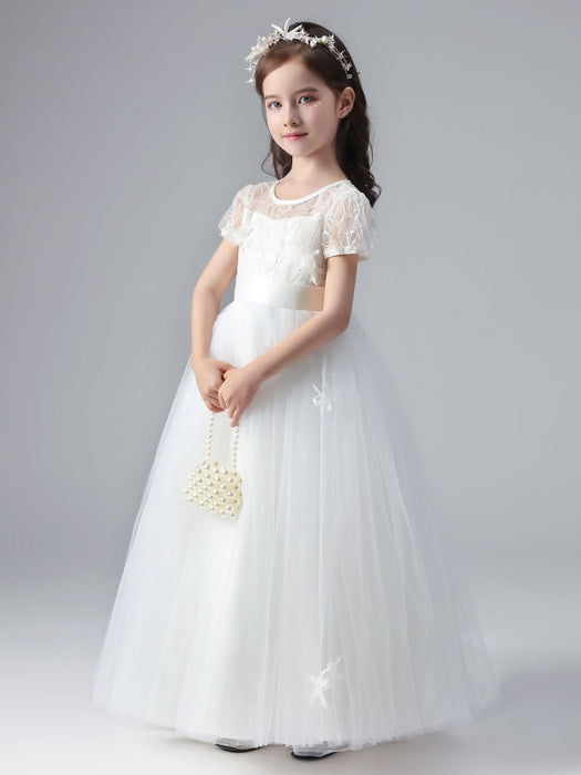 White Flower Girl Dresses Jewel Neck Short Sleeves Flowers Embellishment Tulle Polyester Lace Kids Social Party Dresses