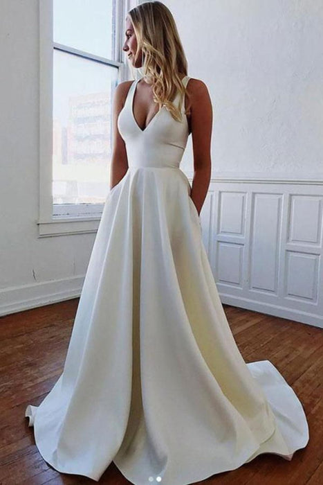 Satin Wedding Dress - White V-Neck A-Line Wedding Dress with Bows | Bridelily Satin Wedding Dress - White V-Neck A-Line Wedding Dress with Bows | Bridelily