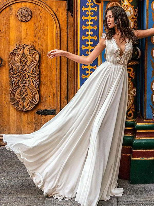 White Simple Wedding Dress A-Line Court Train -Bridelily White Simple Wedding Dress A-Line Court Train -Bridelily