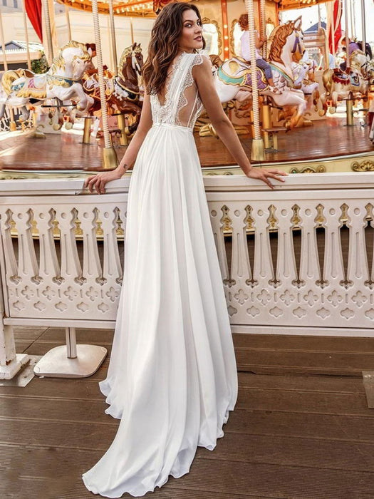 White Simple Wedding Dress A-Line Court Train V-Neck Natural Waistline Sleeveless Chiffon Lace Bridal Dresses