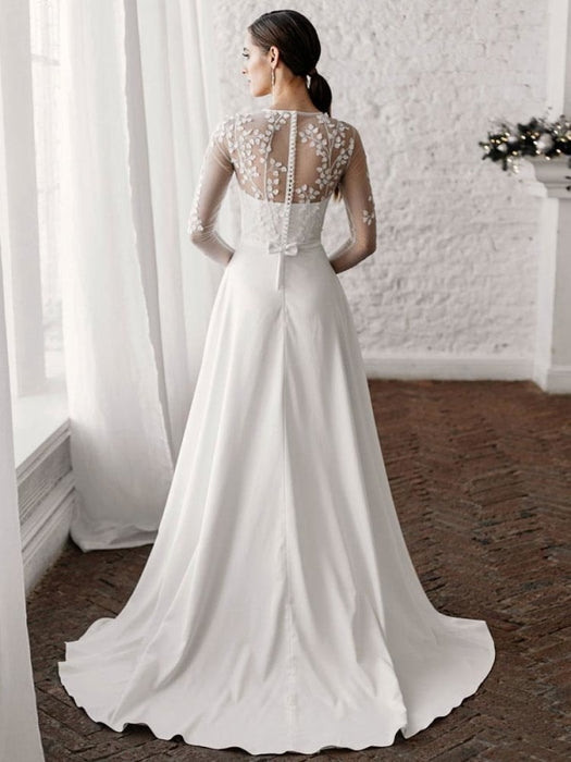 White Simple Wedding Dress A-Line Illusion Neckline Long Sleeves Pearls TrainSatin Fabric Lace Bridal Gowns
