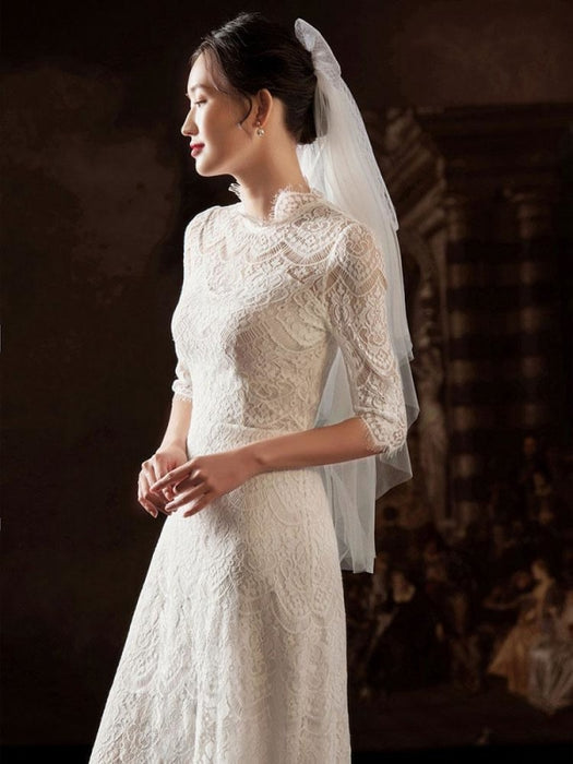 White Simple Wedding Dress A-Line Jewel Neck Half Sleeves Lace Tea Length Bridal Gowns