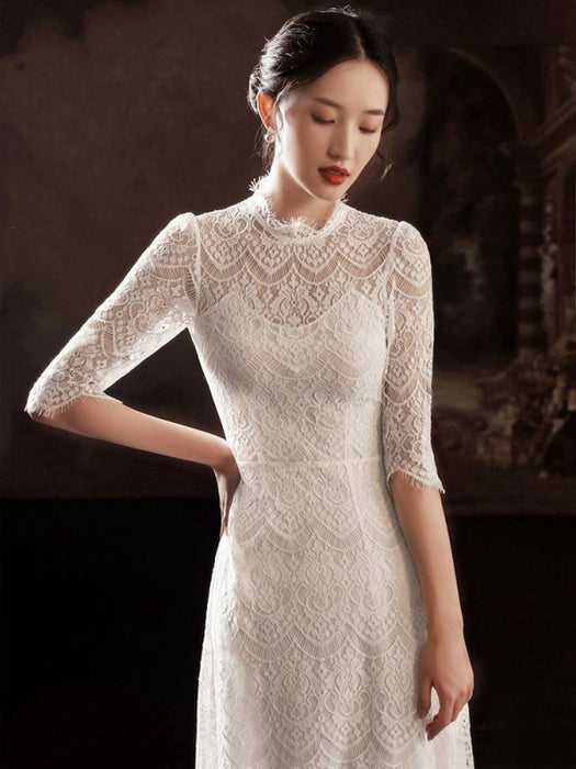 A-Line Jewel Neck Half Sleeves Lace Tea Length Bridal Gowns-Bridelily A-Line Jewel Neck Half Sleeves Lace Tea Length Bridal Gowns-Bridelily