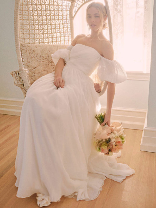 A-Line Long White Chiffon Strapless Floor Length Wedding Dress