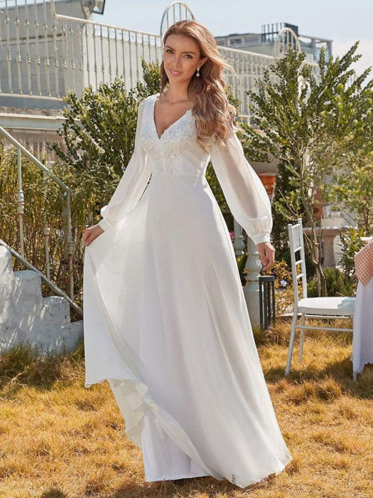 White Simple Wedding Dress A-Line V-Neck Long Sleeves Natural Waist Ch Bridelily White Simple Wedding Dress A-Line V-Neck Long Sleeves Natural Waist Ch Bridelily