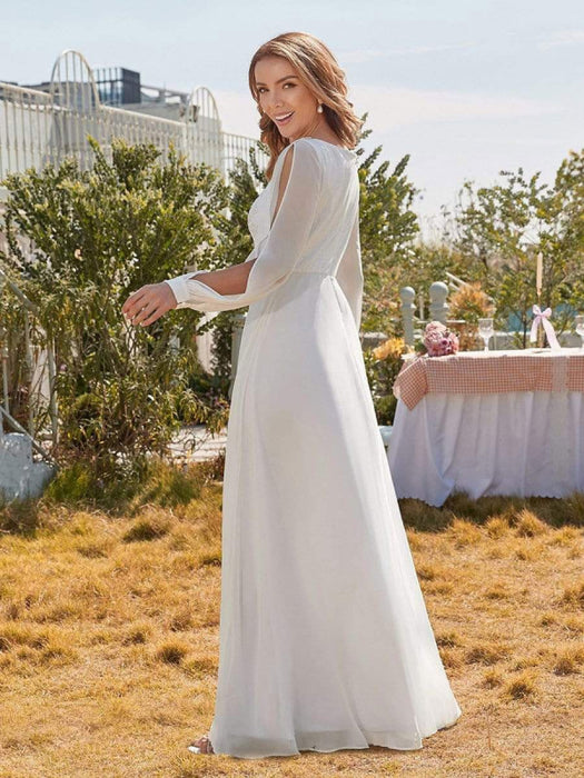 White Simple Wedding Dress A-Line V-Neck Long Sleeves Natural Waist Ch Bridelily White Simple Wedding Dress A-Line V-Neck Long Sleeves Natural Waist Ch Bridelily