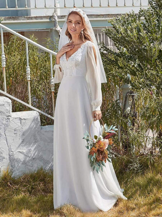 White Simple Wedding Dress A-Line V-Neck Long Sleeves Natural