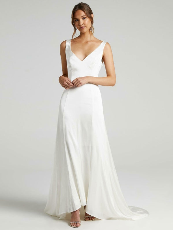 White Simple Wedding Dress A-Line V-Neck Sleeveless Backless Chiffon B ...