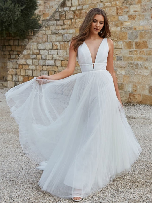 White Simple Wedding Dress A-Line V-Neck Sleeveless Floor-Length Pleated Tulle Bridal Gowns