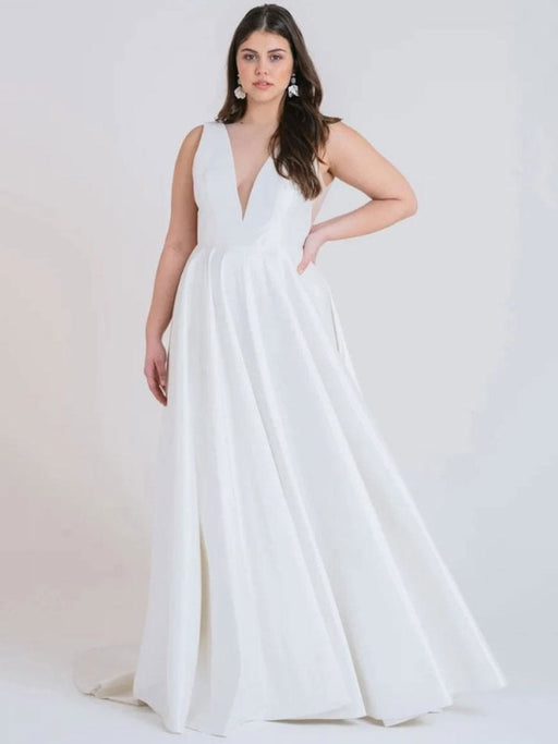 White Simple Wedding Dress A-Line With Train V-Neck Sleeveless Pockets Satin Fabric Bridal Gowns