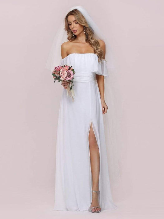 Chiffon Bateau Neck Split Front A-Line Long Bridal Gowns-Bridelily Chiffon Bateau Neck Split Front A-Line Long Bridal Gowns-Bridelily