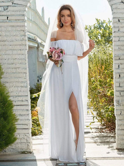 Chiffon Bateau Neck Split Front A-Line Long Bridal Gowns-Bridelily Chiffon Bateau Neck Split Front A-Line Long Bridal Gowns-Bridelily