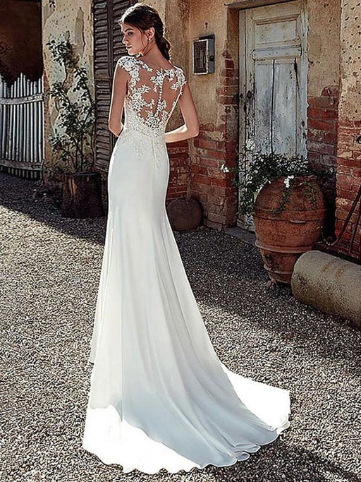 White Simple Wedding Dress White Chiffon Illusion Neckline Sleeveless Court Train Applique Sheath Bridal Gowns