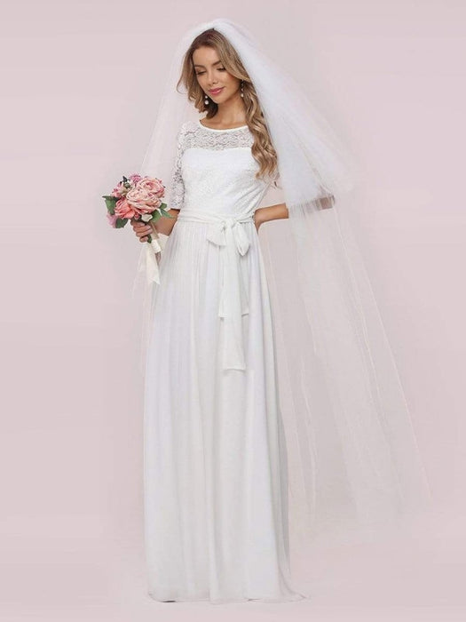 White Simple Wedding Dress Chiffon Jewel Neck Short Sleeves Sash A-Line Long Bridal Gowns