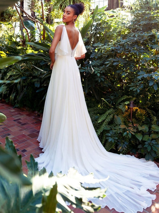 White Simple Wedding Dress Chiffon V-Neck Sleeveless A-Line Backless Natural Waist Long Bridal Dresses