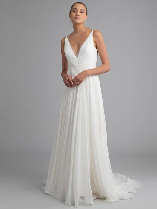 White Simple Wedding Dress Chiffon V-Neck Sleeveless A-Line Backless Natural Waist Long Bridal Dresses