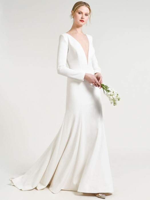 White Simple Wedding Dress Court Train Satin Fabric V-Neck 3/4 Length Sleeves Mermaid Bridal Gowns