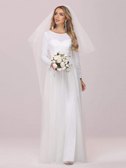 White Simple Wedding Dress Jewel Neck Long Sleeves Natural Waist A-Line Tulle Long Bridal Dresses