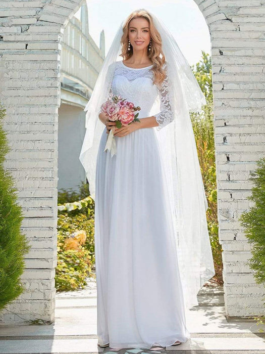 White Simple Wedding Dress Lace Jewel Neck Lace Chiffon Half Sleeves N Bridelily White Simple Wedding Dress Lace Jewel Neck Lace Chiffon Half Sleeves N Bridelily