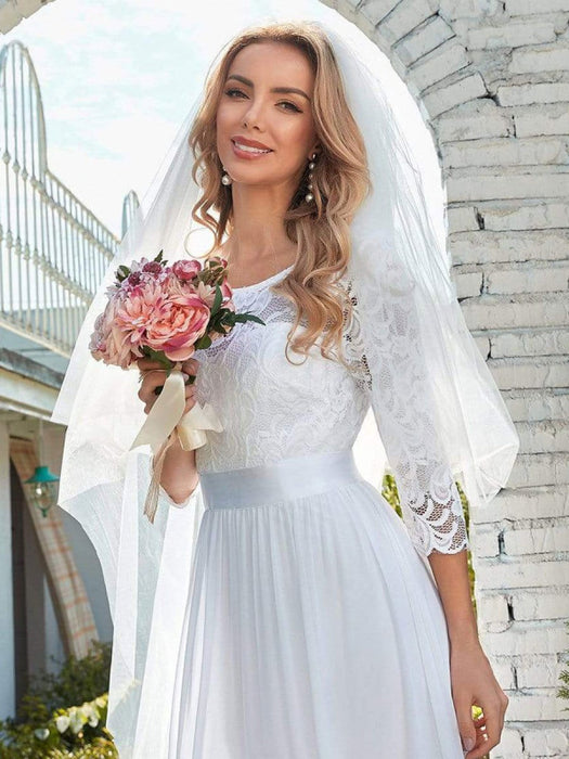 White Simple Wedding Dress Lace Jewel Neck Lace Chiffon Half Sleeves N Bridelily White Simple Wedding Dress Lace Jewel Neck Lace Chiffon Half Sleeves N Bridelily